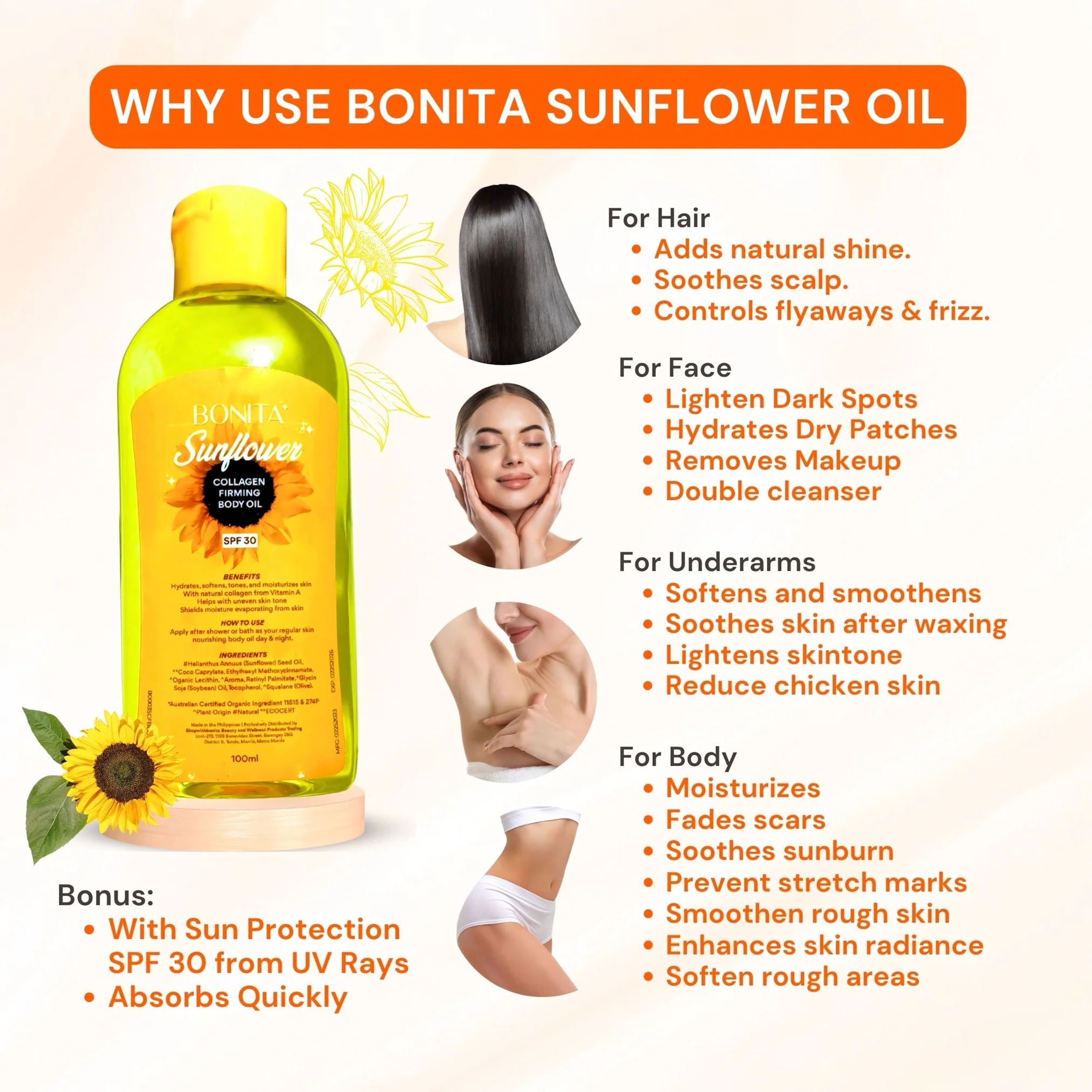 Bonita Sunflower Collagen Firming Body Oil SPF30 – 100ml - Image 3