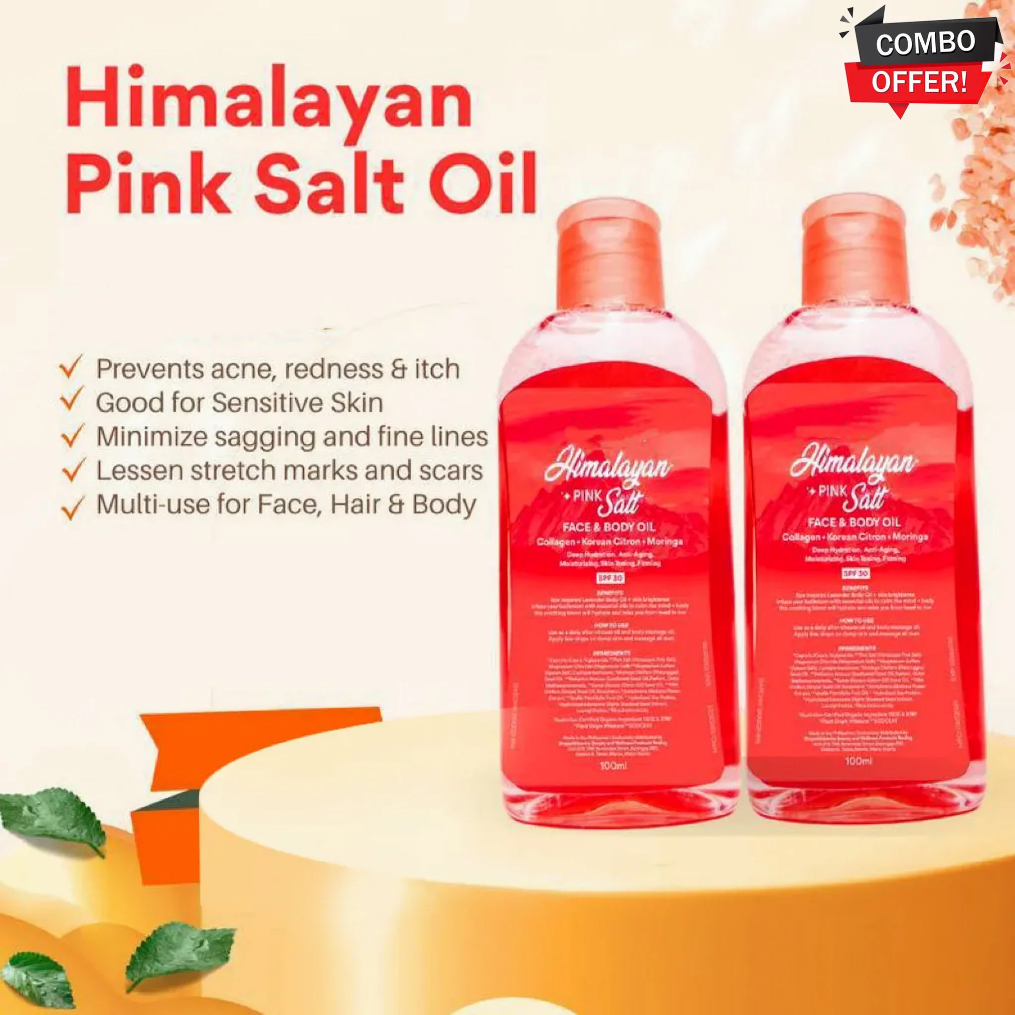 Bonita Himalayan Pink Salt Face & Body Oil with SPF 30 – Multi-Use Nourishing Oil (100ml) Combo - Image 3