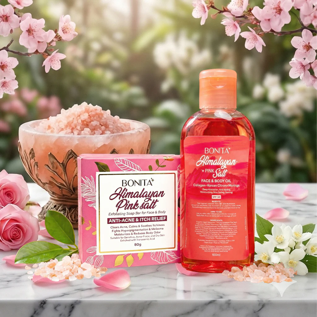 Bonita Himalayan Pink Salt Glow Duo – Combo Pack (Soap Bar 80g + Face & Body Oil SPF 30) - Image 2