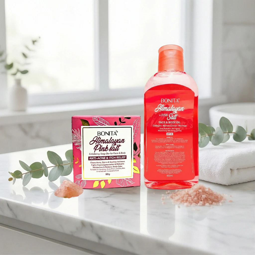 Bonita Himalayan Pink Salt Glow Duo – Combo Pack (Soap Bar 80g + Face & Body Oil SPF 30) - Image 6