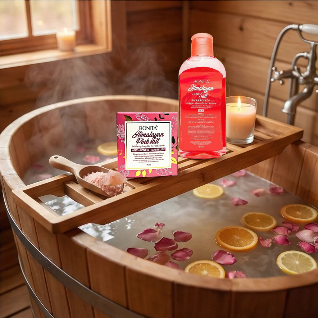Bonita Himalayan Pink Salt Glow Duo – Combo Pack (Soap Bar 80g + Face & Body Oil SPF 30) - Image 8