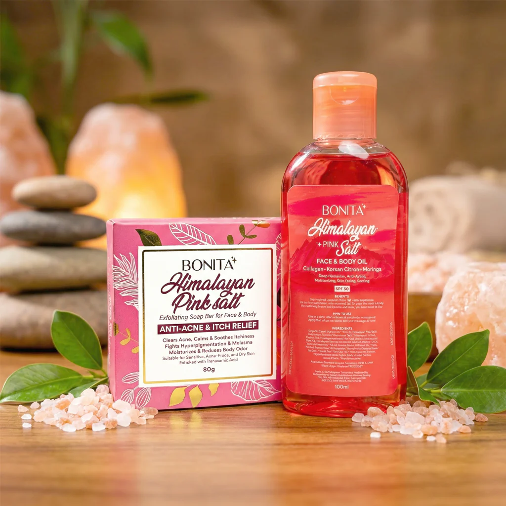 Bonita Himalayan Pink Salt Glow Duo – Combo Pack (Soap Bar 80g + Face & Body Oil SPF 30) - Image 9