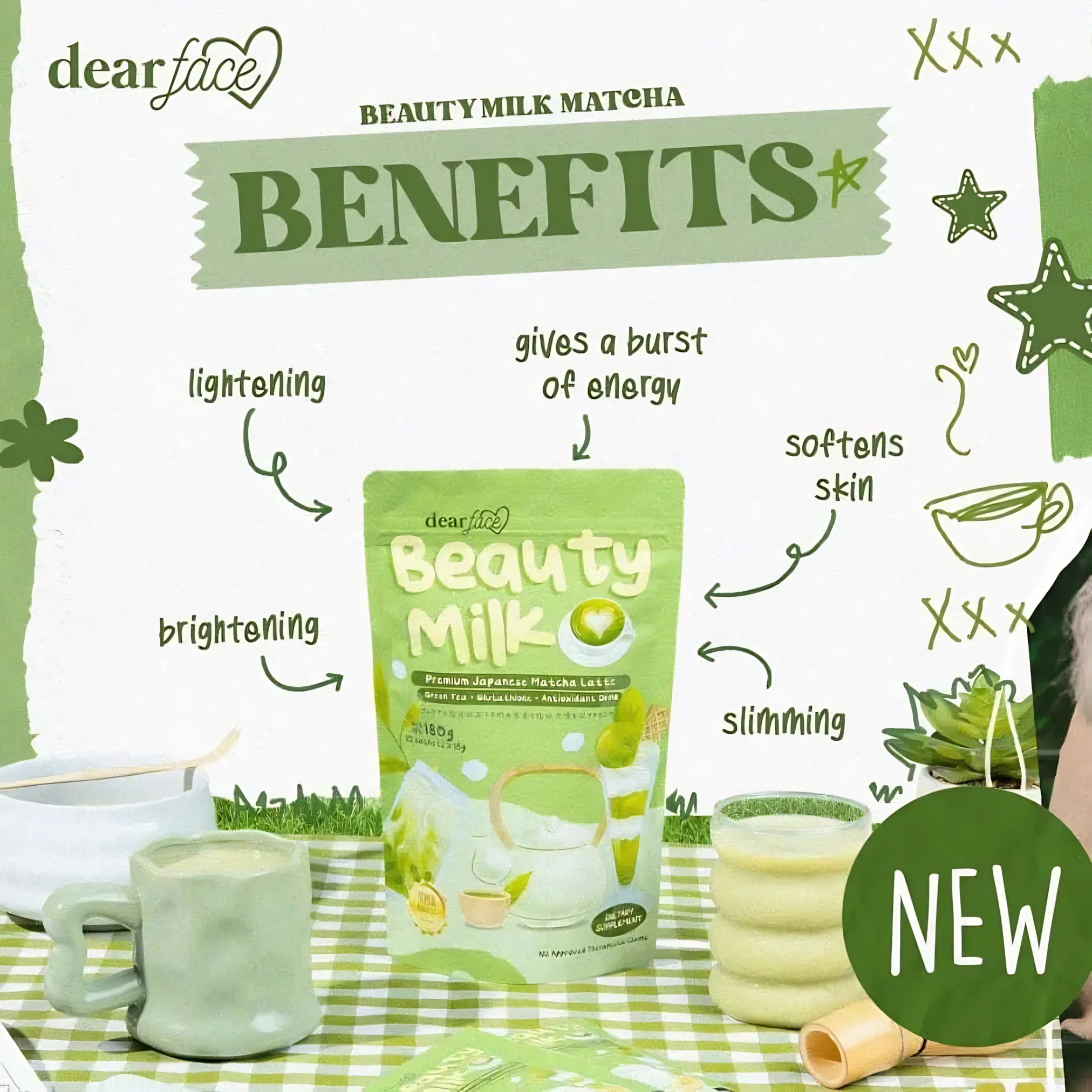 Dear Face Beauty Milk Premium Japanese Matcha Latte Drink - 180g - Image 3