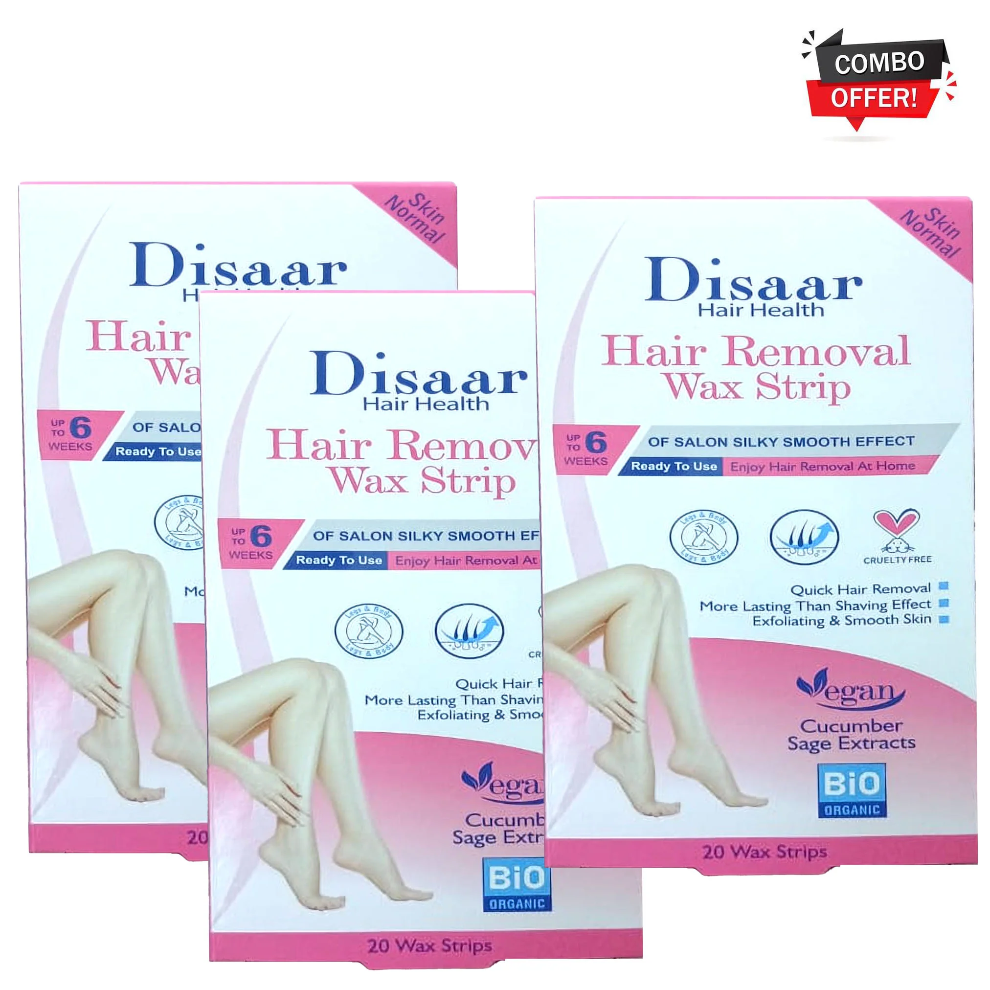 Disaar Hair Health Hair Removal Wax Strips – Normal Skin (20 Strips × 3 Packs Combo) - Image 2