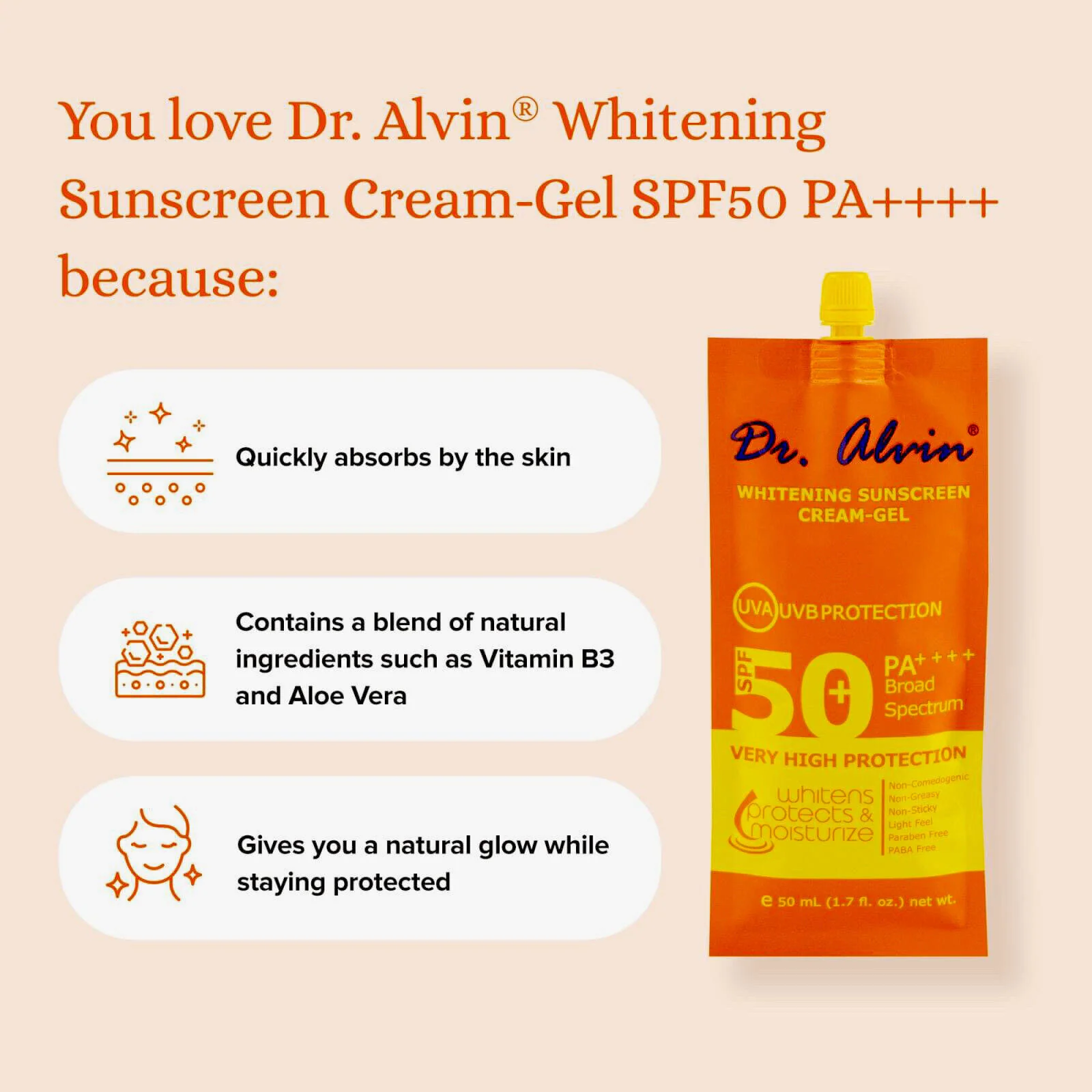 Dr. Alwin Whitening Sunscreen Cream Gel SPF 50+  50ml - Image 6