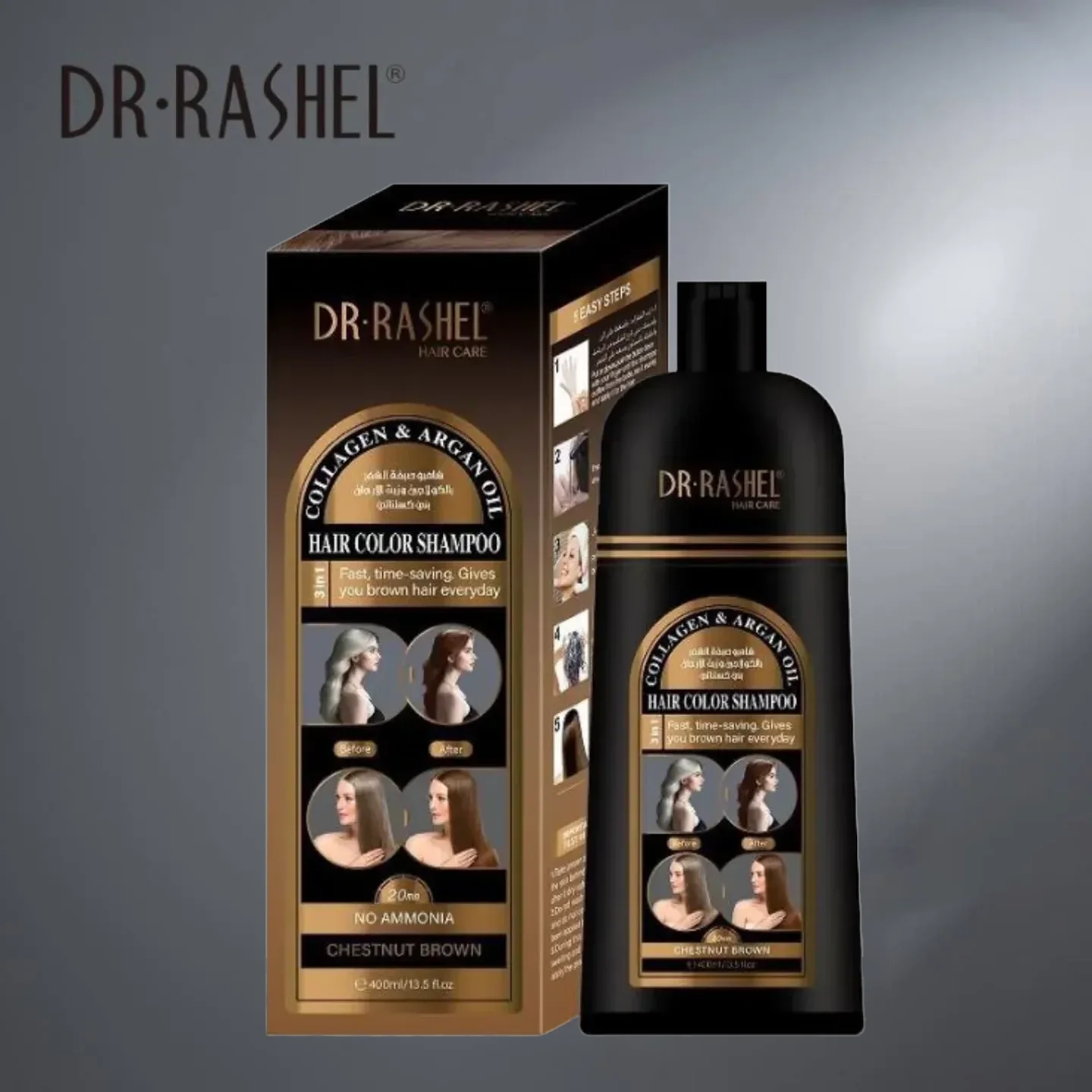 Dr. Rashel Collagen & Argan Oil Hair Color Shampoo – Chestnut Brown (400ml) - Image 2