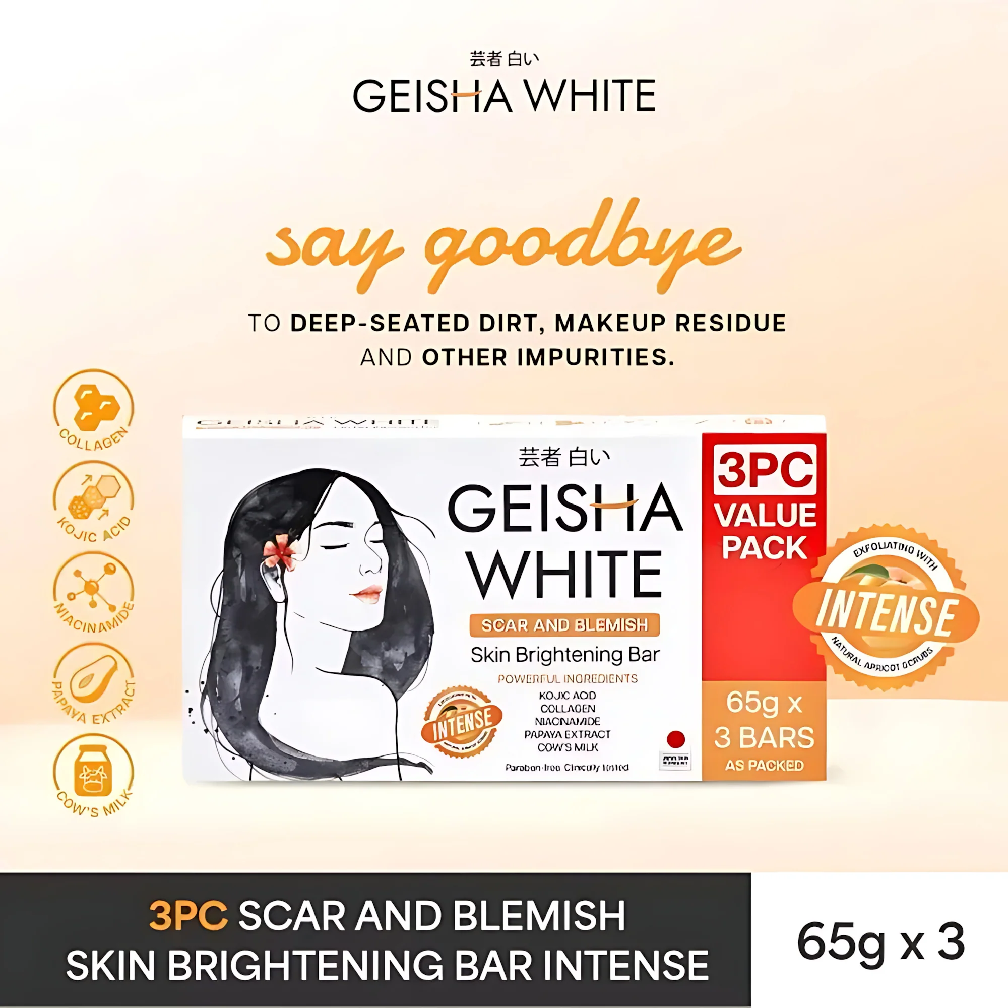 Geisha Soap White INTENSE Scar and Blemish Skin Brightening Bar – 65g x 3 - Image 2