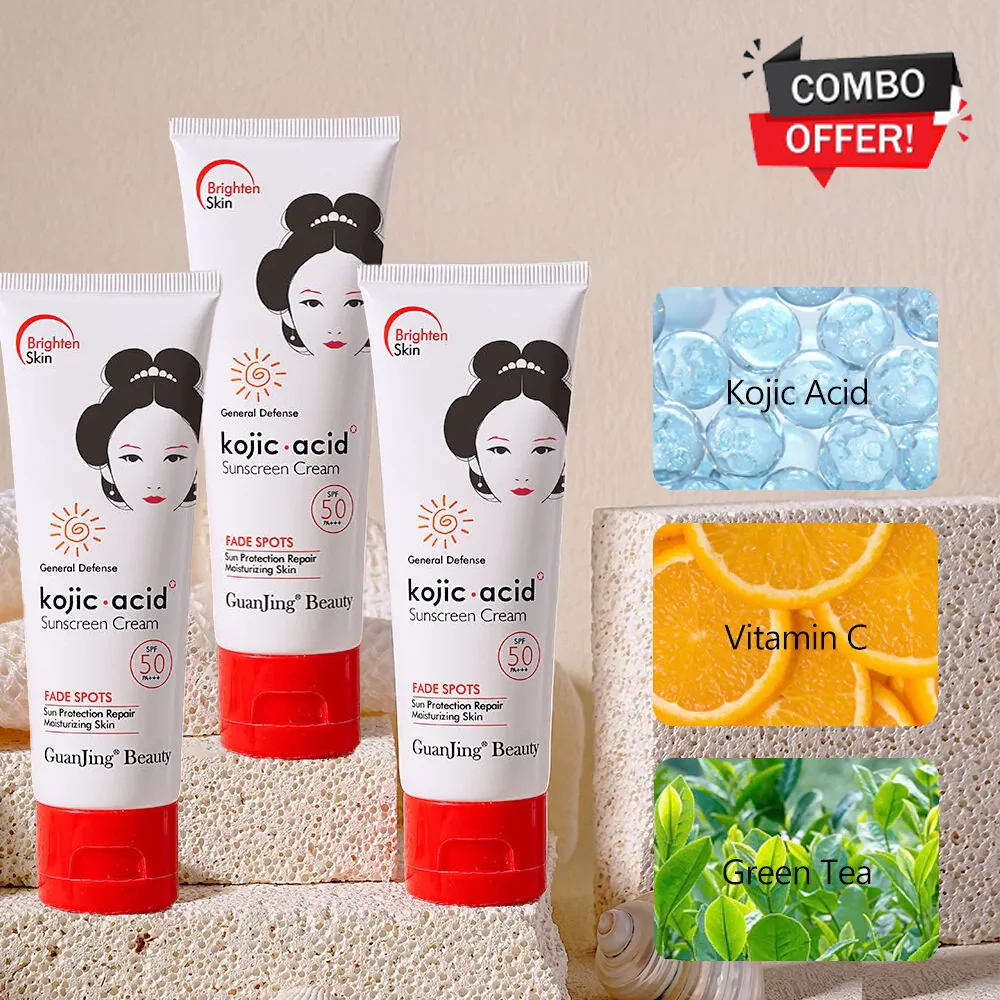 Guanjing Beauty Fade Spots Kojic Acid Sunscreen Cream SPF50+++ – 80g (3 Pack Combo) - Image 2
