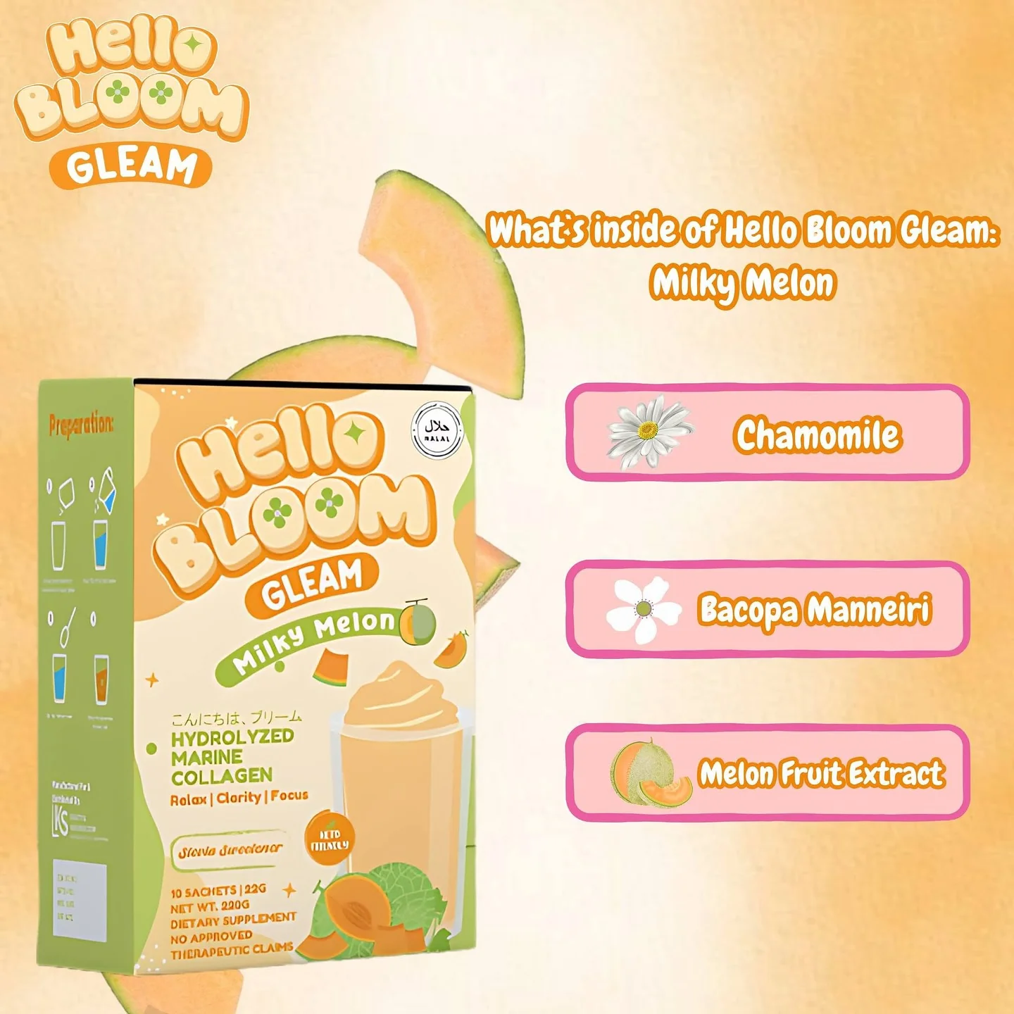Hello Bloom Gleam Milky Melon Collagen Beauty Supplement - 180g - Image 2