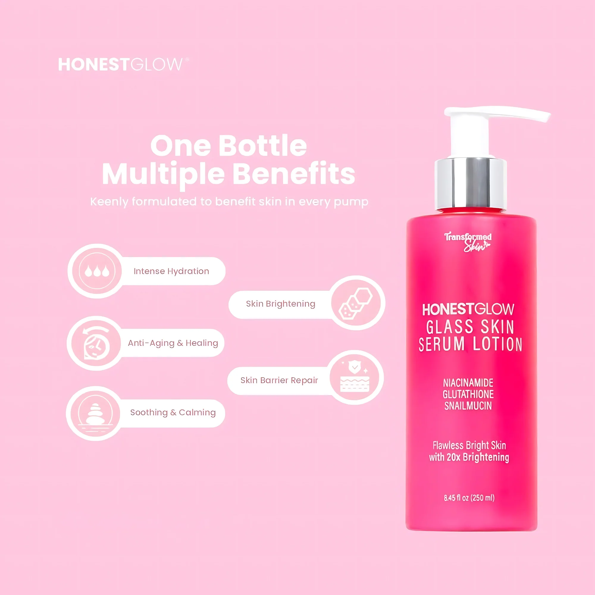 HONESTGLOW Glass Skin Serum Lotion – Niacinamide, Glutathione & Snail Mucin – SPF 50 PA+++(250ml) - Image 10
