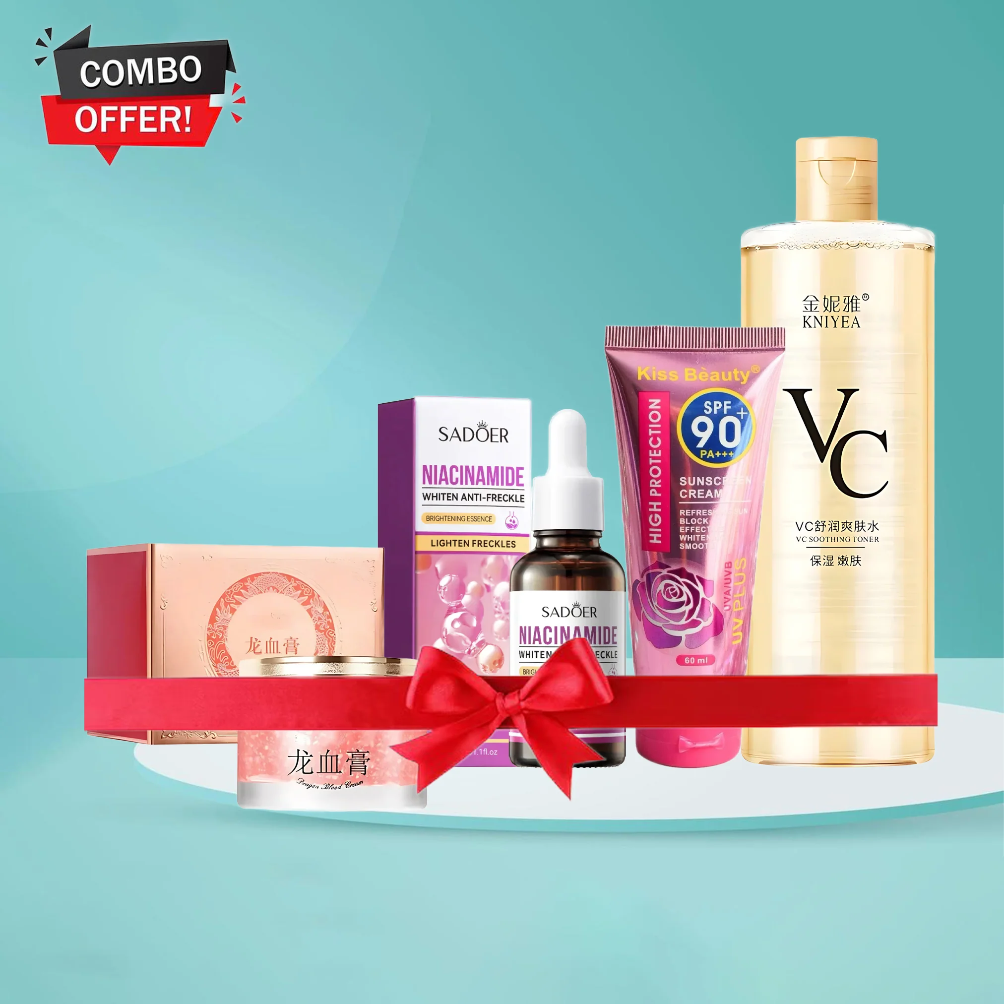 Kniyea VC Toner + Sadoer Niacinamide + Kiss Beauty Sunscreen + Retinol Placenta Royal Dragon Blood Cream – 4in1 Combo Set