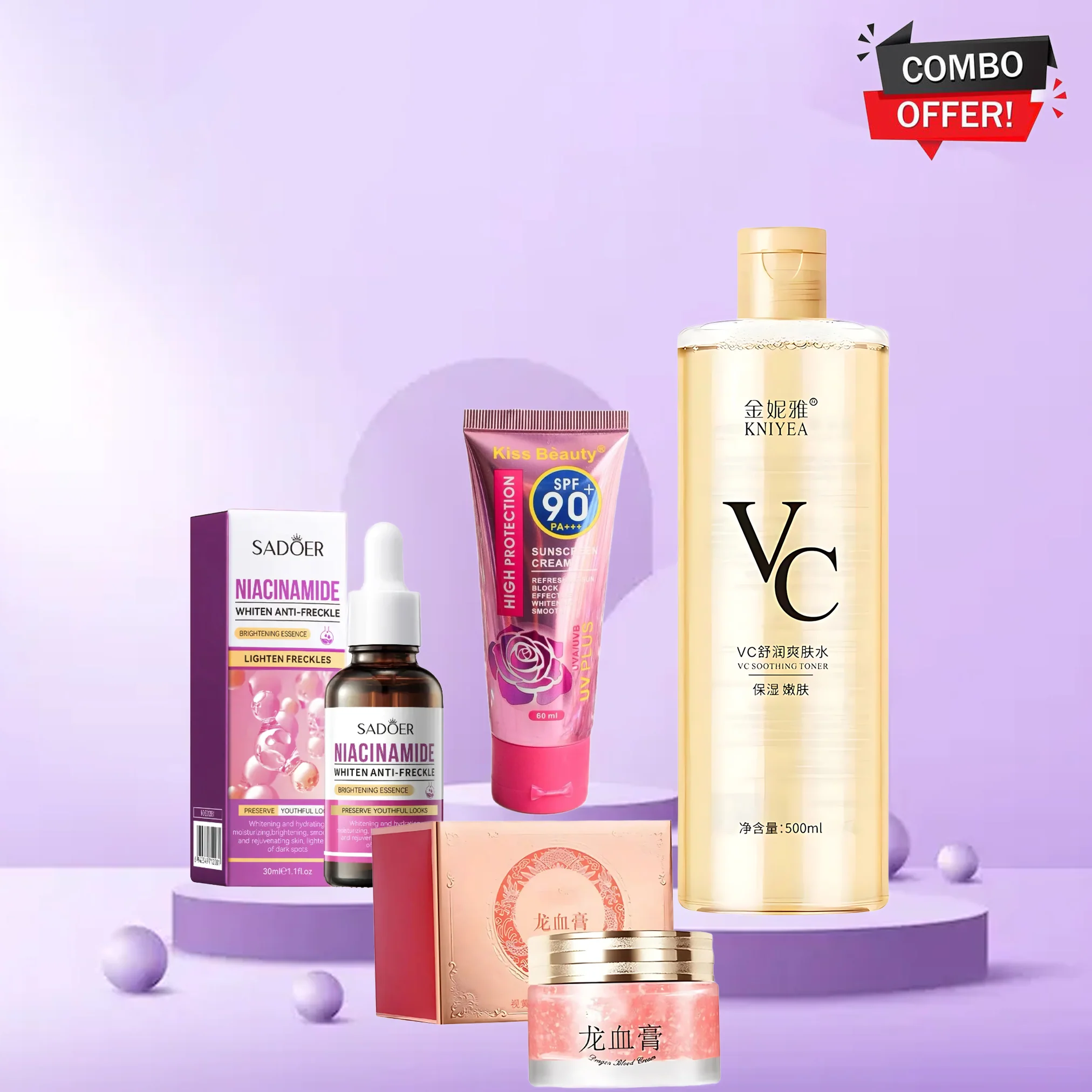 Kniyea VC Toner + Sadoer Niacinamide + Kiss Beauty Sunscreen + Retinol Placenta Royal Dragon Blood Cream – 4in1 Combo Set - Image 2