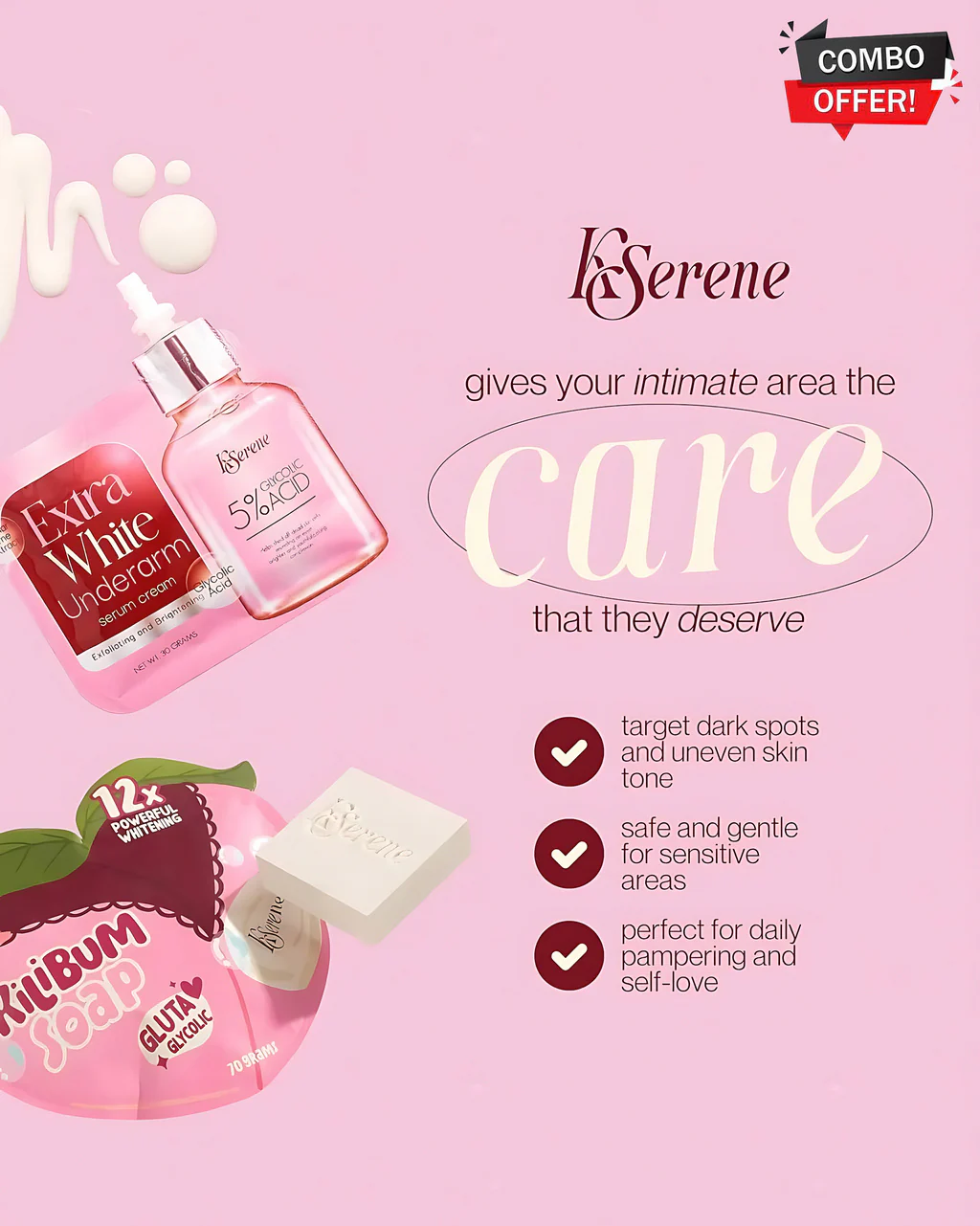 KSerene Combo Pack – Extra White Underarm Serum Cream (30g) + Kilibum Soap (3 x 70g) - Image 2