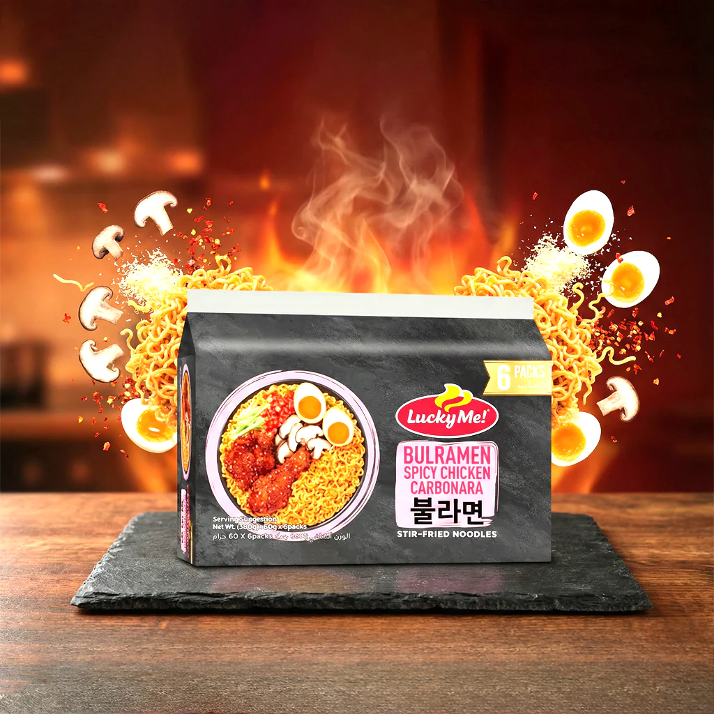 Lucky Me! Bulramen Spicy Chicken Carbonara Stir-Fried Noodles – 6 x 60g - Image 2