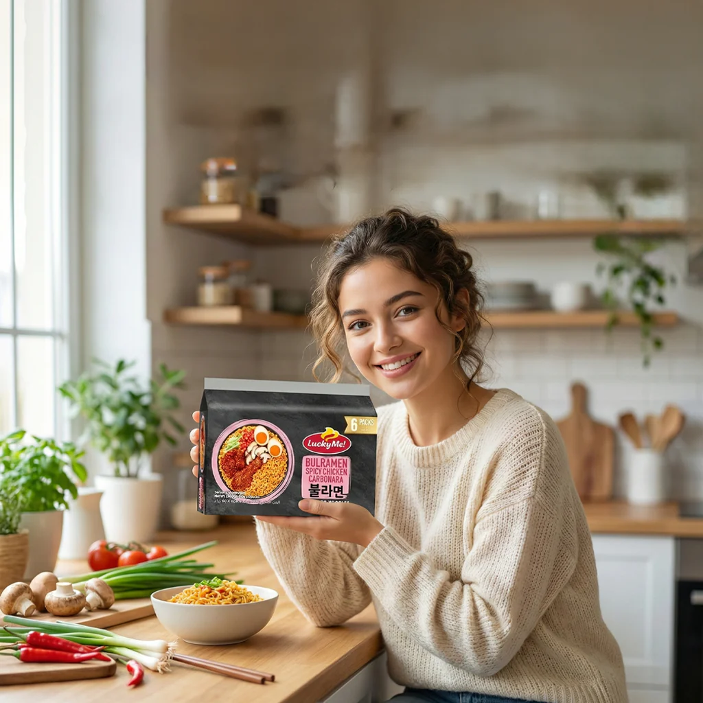 Lucky Me! Bulramen Spicy Chicken Carbonara Stir-Fried Noodles – 6 x 60g - Image 3