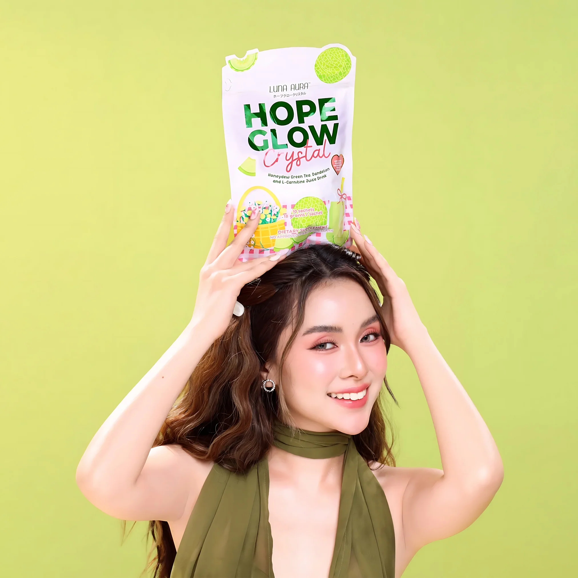 Luna Aura Hope Glow Crystal β Honeydew Green Tea with Dandelion & L-Carnitine (10 Sachets x 18g) - Image 6