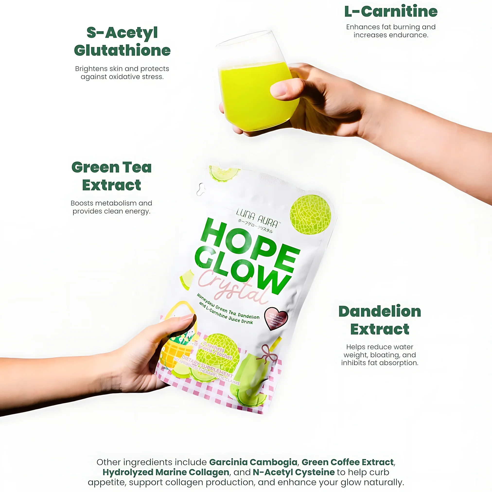 Luna Aura Hope Glow Crystal β Honeydew Green Tea with Dandelion & L-Carnitine (10 Sachets x 18g) - Image 7