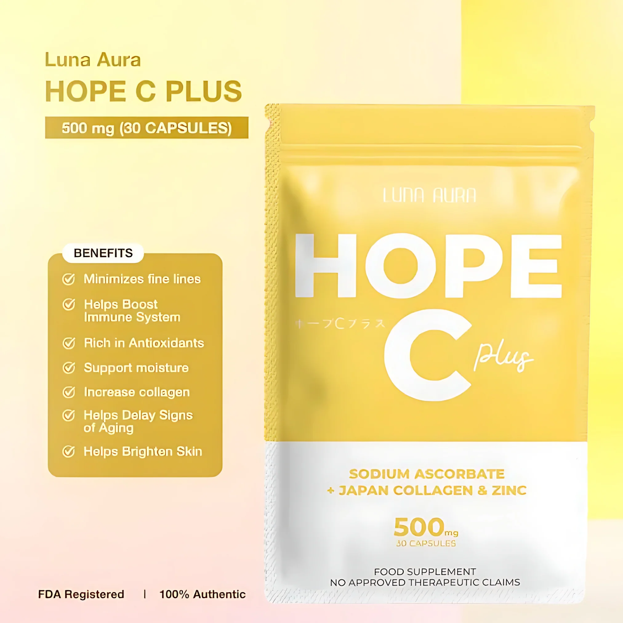 Luna Aura Hope C Plus – Sodium Ascorbate + Japan Collagen & Zinc (30 Capsules) - Image 9
