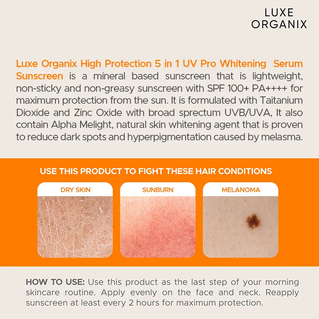 Luxe Organix 5-in-1 UV Pro Whitening Serum Sunscreen SPF 100 PA+++ - 40ml - Image 5