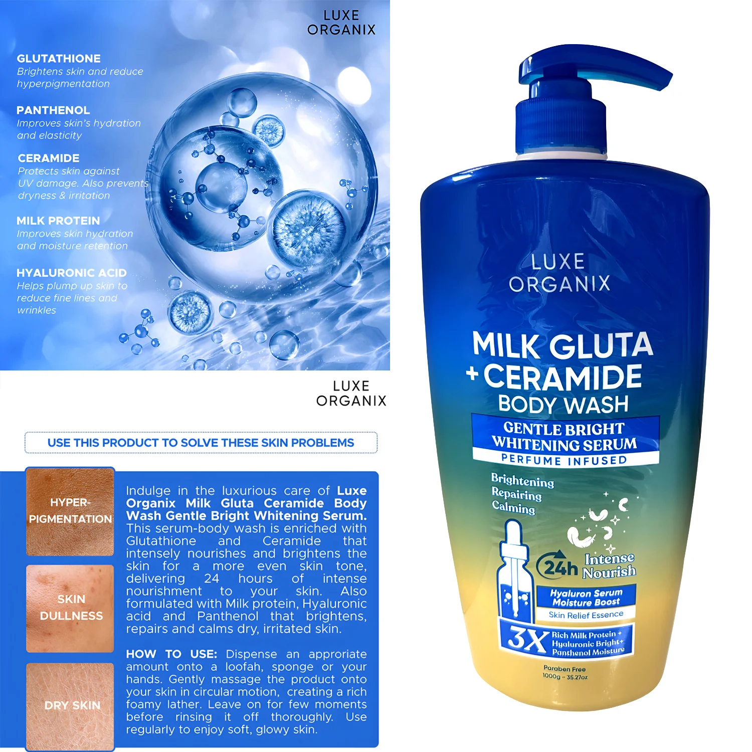 Luxe Organix Milk Gluta + Ceramide (Gentle Bright Whitening Serum) Body Wash - 1000ml - Image 3