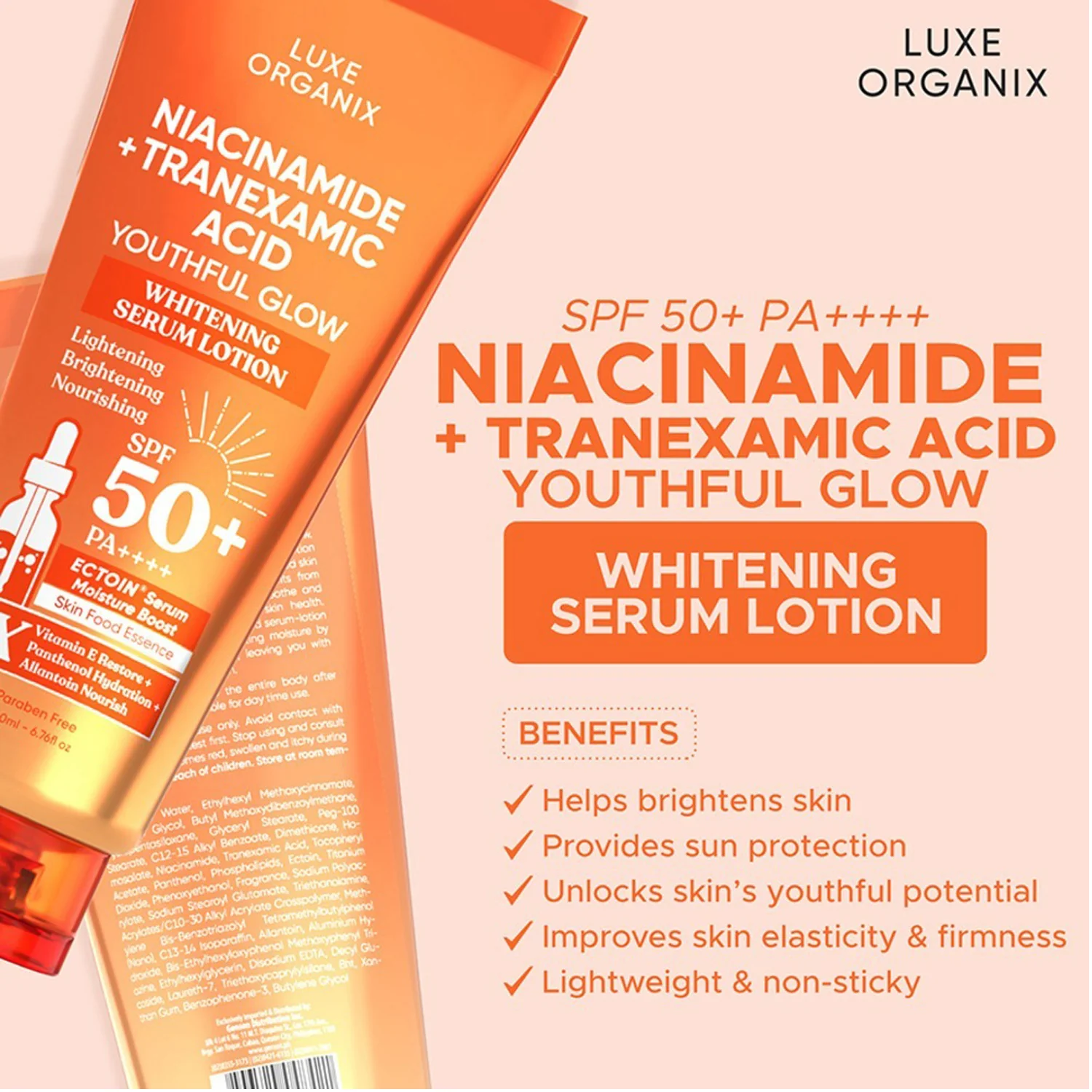 Luxe Organix Niacinamide + Tranexamic Acid Youthful Glow Whitening Serum Lotion SPF 50+ PA++++ – 200ml - Image 6