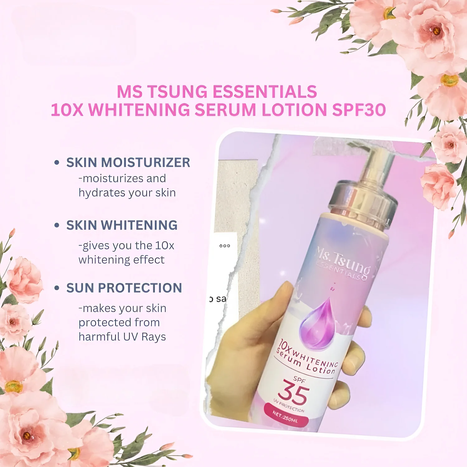 Ms.Tsung Essentials 10x Whitening Serum Lotion SPF30 PA+++ UV Protection – 250 ml - Image 3