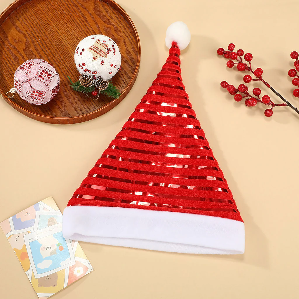 Striped Santa Hat β Red & Silver Plush Christmas Hat
