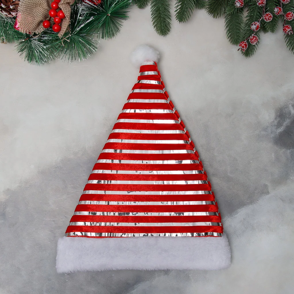 Striped Santa Hat β Red & Silver Plush Christmas Hat - Image 2