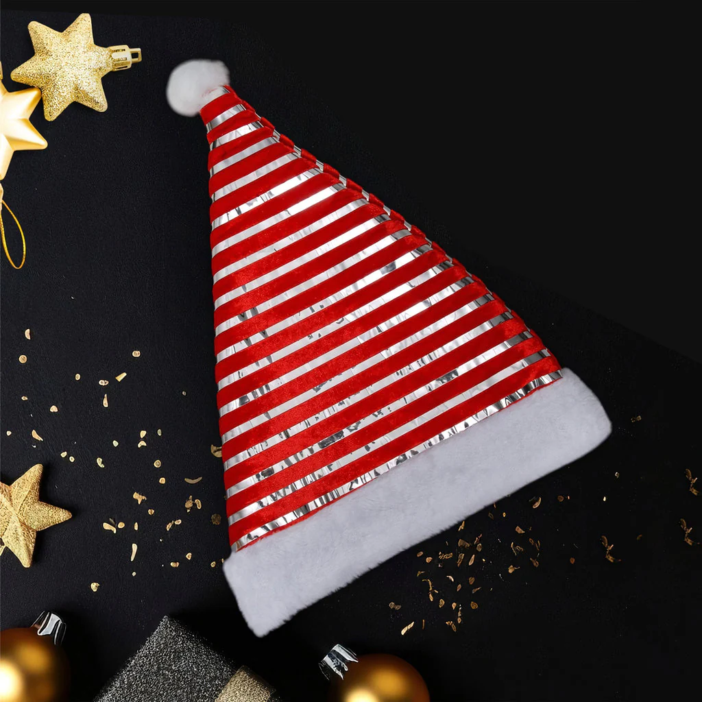 Striped Santa Hat β Red & Silver Plush Christmas Hat - Image 5