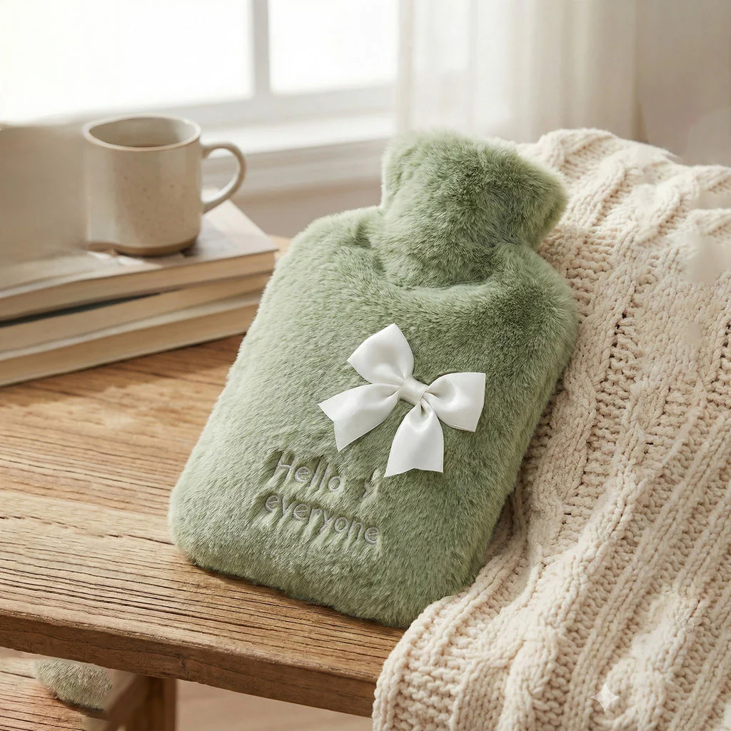 Wispoe Hot Water Bag with Soft Green Faux Fur Cover - Image 2